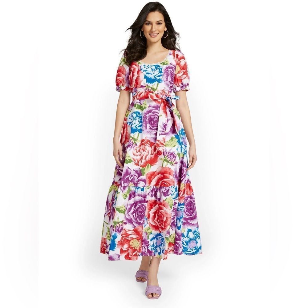 Ny & Co  Spring Summer Floral Cotton Poplin Maxi Dress - Multicolor